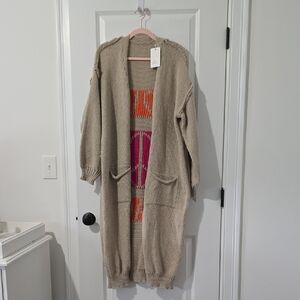 Cozy Beige Cardigan with Vibrant Accents